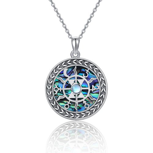 Sterling Silver Round Moonstone & Abalone Shellfish Celtic Knot Pendant Necklace