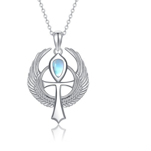 Sterling Silver Round Moonstone Allah & Angel Wing Pendant Necklace