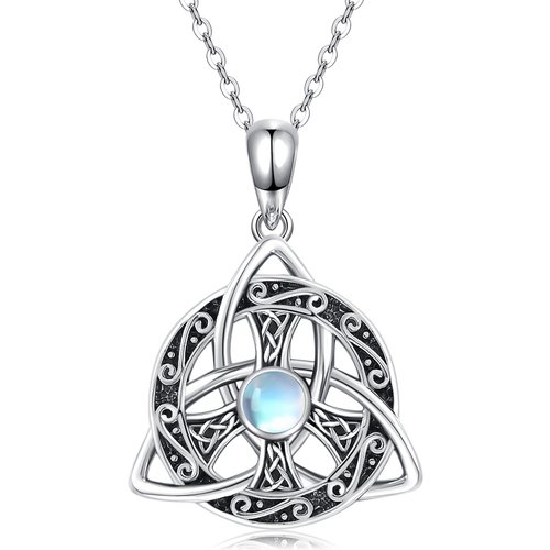 Sterling Silver Round Moonstone Celtic Knot & Peace Symbol Pendant Necklace