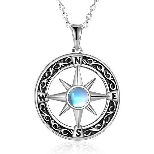 Sterling Silver Round Moonstone Compass Pendant Necklace Gift for Graduates