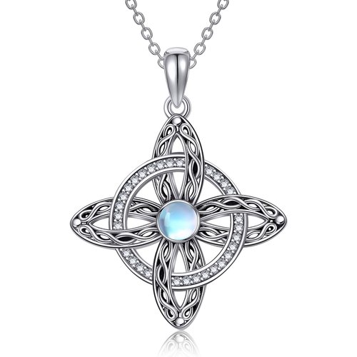 Sterling Silver Round Moonstone Cross Celtic Knot Pendant Necklace