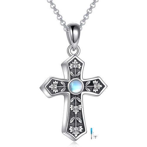 Sterling Silver Round Moonstone Cross Urn Necklace for Ashes