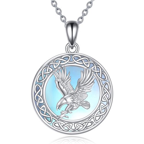 Sterling Silver Round Moonstone Eagle & Celtic Knot Pendant Necklace
