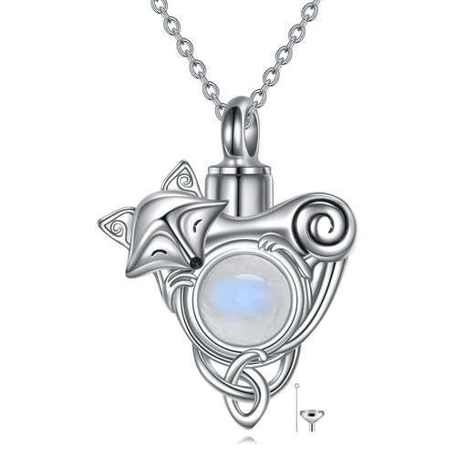 Sterling Silver Round Moonstone Fox Urn Necklace for Ashes