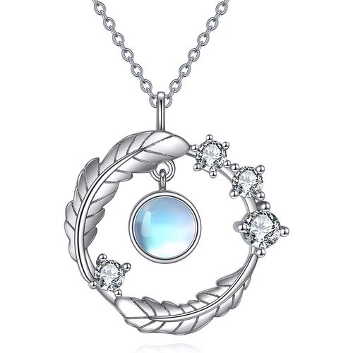 Sterling Silver Round Moonstone Leaves Pendant Necklace