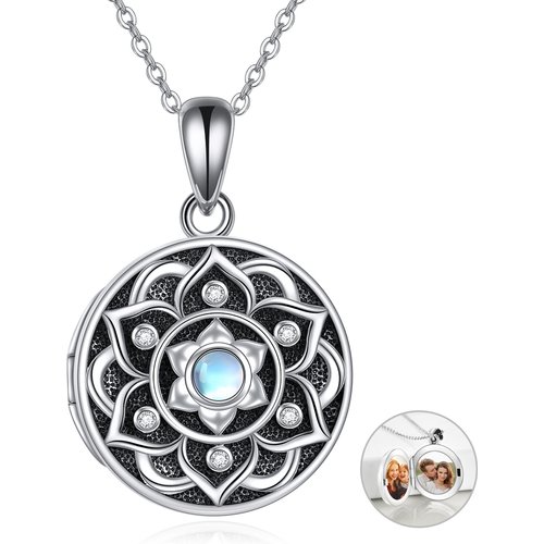Sterling Silver Round Moonstone Lotus & Personalized Photo Personalized Photo Locket Necklace with Engraved Word