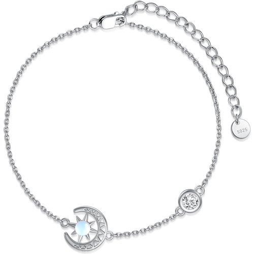 Sterling Silver Round Moonstone Moon Charm Bracelet