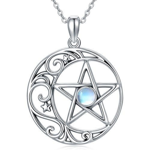 Sterling Silver Round Moonstone Moon & Pentagram Pendant Necklace