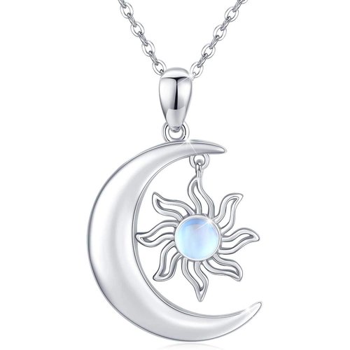 Sterling Silver Round Moonstone Moon & Sun Pendant Necklace