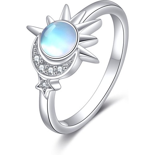 Sterling Silver Round Moonstone Moon & Sun Ring