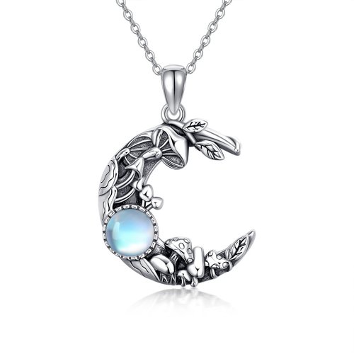 Sterling Silver Round Moonstone Mushroom & Moon Pendant Necklace