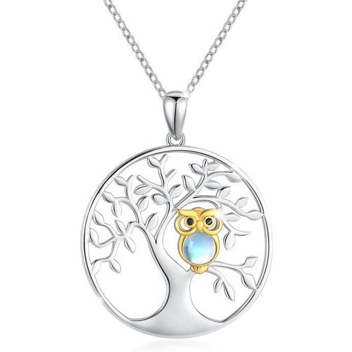 Sterling Silver Round Moonstone Owl & Tree Of Life Pendant Necklace