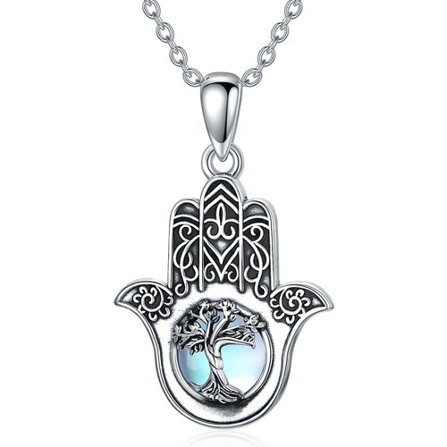 Sterling Silver Round Moonstone Tree Of Life & Hamsa Hand Pendant Necklace