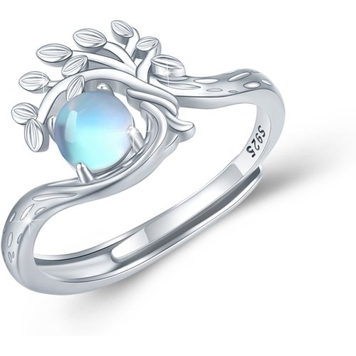 Sterling Silver Round Moonstone Tree Of Life Open Ring