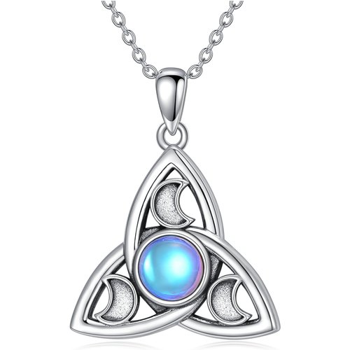 Sterling Silver Round Moonstone Triforce Celtic Knot & Moon Pendant Necklace