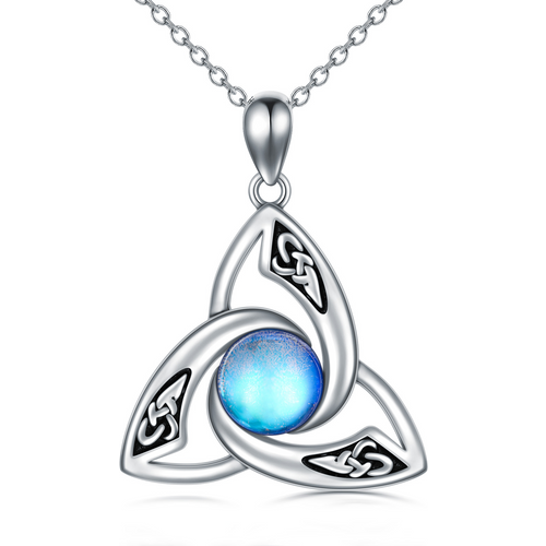 Sterling Silver Round Moonstone Triquetra Celtic Knot & Moon Pendant Necklace