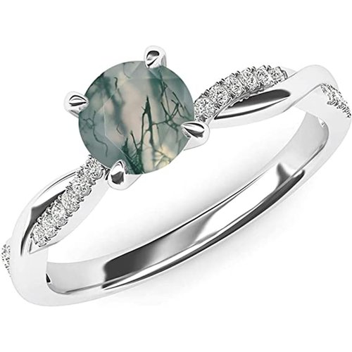 Sterling Silver Criss Cross Solitaire Setting Round Cut Moss Agate Engagement Ring
