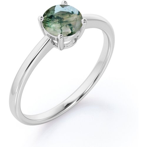 Sterling Silver Round Moss Agate Personalized Engraved Ring For Women