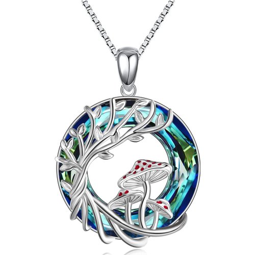 Sterling Silver Round Mushroom & Tree Of Life Crystal Pendant Necklace