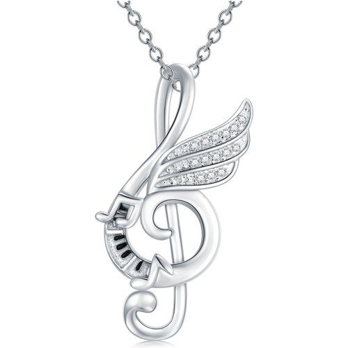 Sterling Silver Round Cubic Zirconia Music Symbol Pendant Necklace