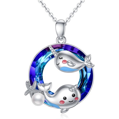 Sterling Silver Round Narwhal Crystal Pendant Necklace
