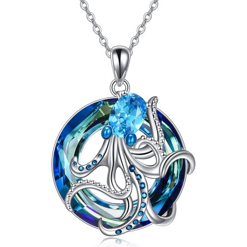 Sterling Silver Round Octopus Crystal Pendant Necklace