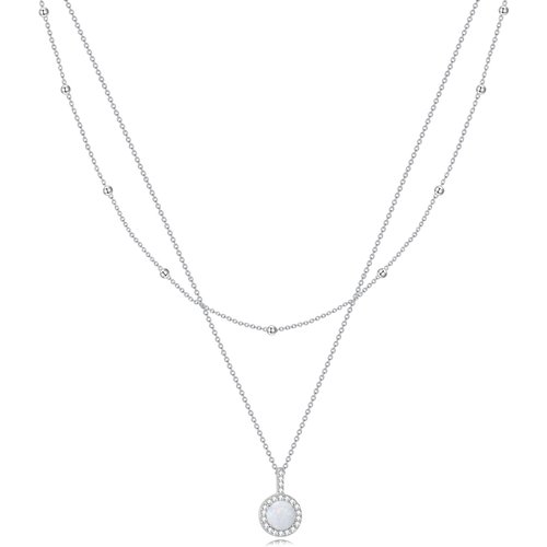 Sterling Silver Round Cubic Zirconia & Opal Round Layered Necklace For Women
