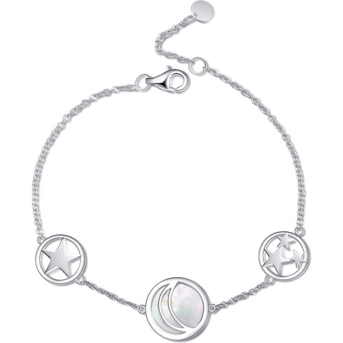 Sterling Silver Round Opal Moon Charm Bracelet