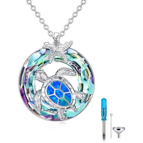 Sterling Silver Round Opal Sea Turtle & Starfish Urn Necklace for Ashes