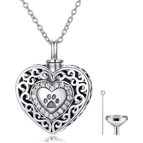 Sterling Silver Round Cubic Zirconia Paw & Heart Urn Necklace for Ashes with Engraved Word