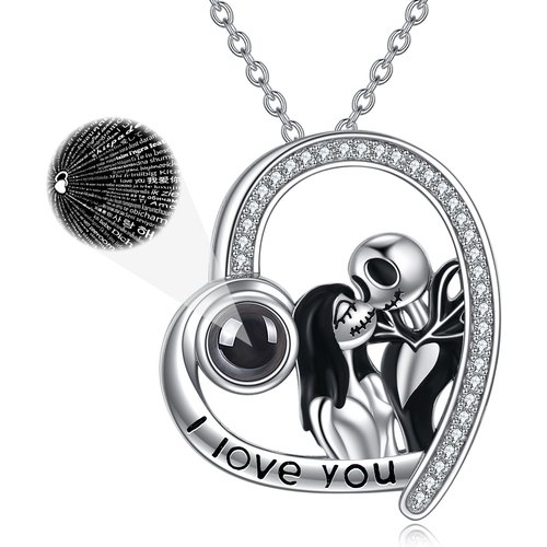 Sterling Silver Round Projection Stone Couple Pendant Necklace with Engraved Word