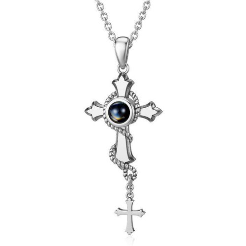 Sterling Silver Round Projection Stone Cross Pendant Necklace