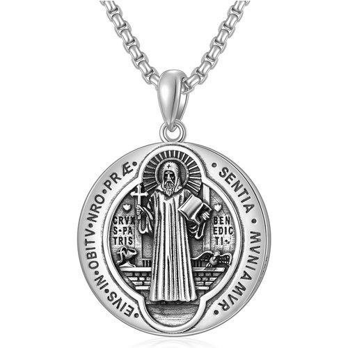 Sterling Silver Round Saint Benedict Pendant Necklace for Men