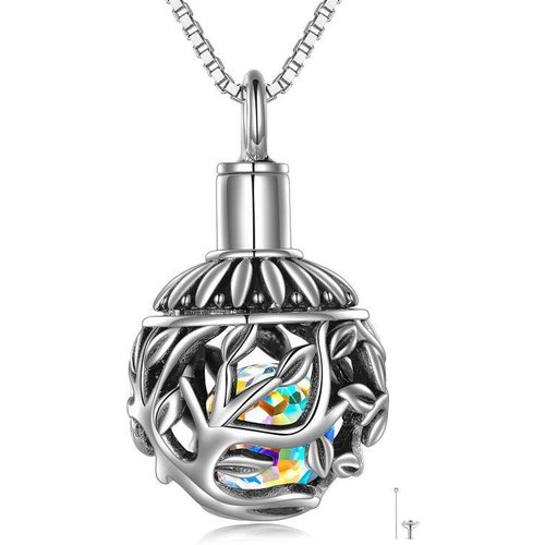 Sterling Silver Round Shaped Crystal Tree Of Life Ball Locket Urn Necklace for Ashes