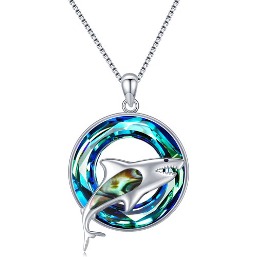 Sterling Silver Round Shark Crystal Pendant Necklace