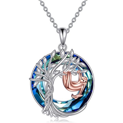 Sterling Silver Round Sloth & Tree Of Life Crystal Pendant Necklace