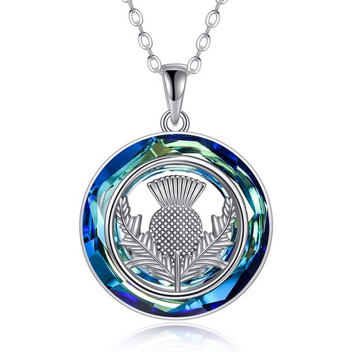 Sterling Silver Round Thistle Crystal Pendant Necklace