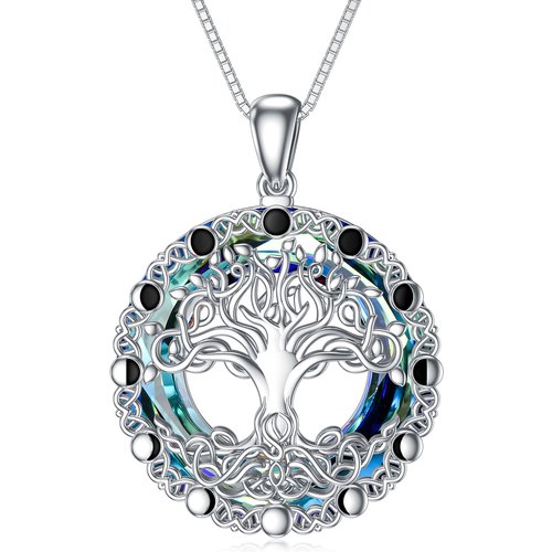Sterling Silver Round Tree Of Life Crystal Pendant Necklace
