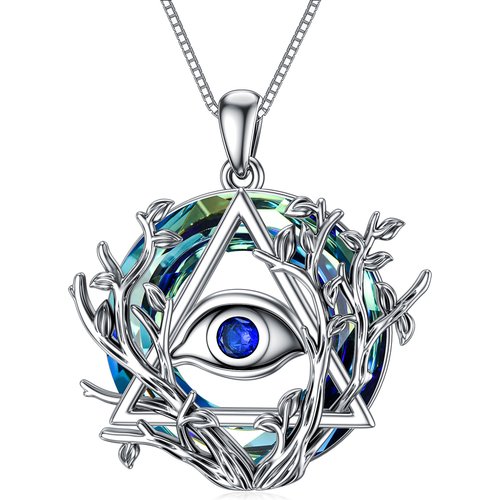 Sterling Silver Round Tree Of Life & Evil Eye Crystal Pendant Necklace