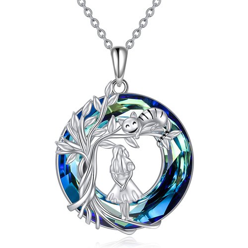 Sterling Silver Round Tree Of Life Girl & Cat Crystal Pendant Necklace
