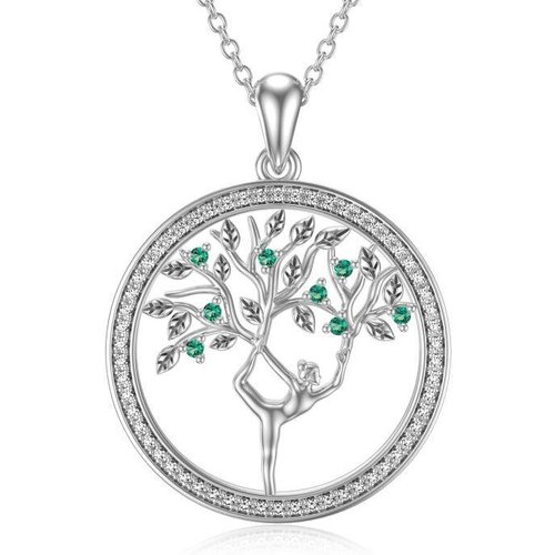 Sterling Silver Round Cubic Zirconia Tree Of Life & Yoga Pendant Necklace