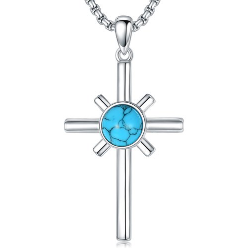Sterling Silver Round Turquoise Cross Pendant Necklace for Men