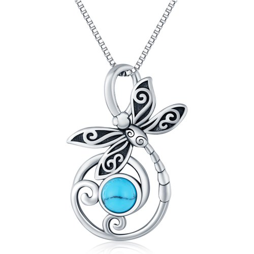 Sterling Silver Round Turquoise Dragonfly Pendant Necklace