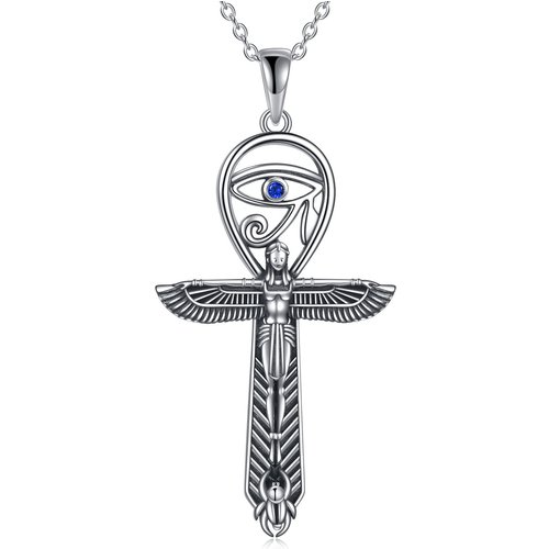 Sterling Silver Round Zircon Angel Wing With Ankh Evil Eye Pendant Necklace For Women