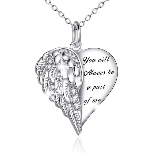 Sterling Silver Round Zircon Angel Wing & Heart Pendant Necklace with Engraved Word