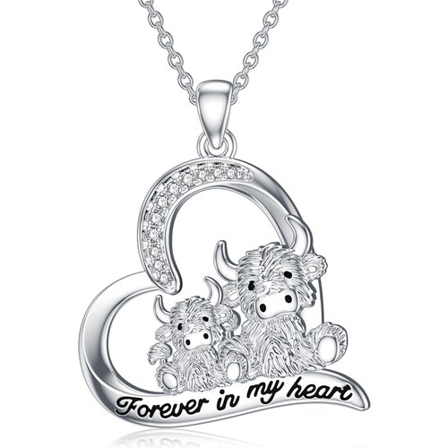 Sterling Silver Round Zircon Cow Pendant Necklace with Engraved Word
