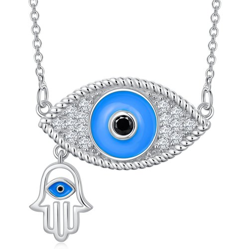 Sterling Silver Round Zircon Devil's Eye & Hand Of Fatima Pendant Necklace