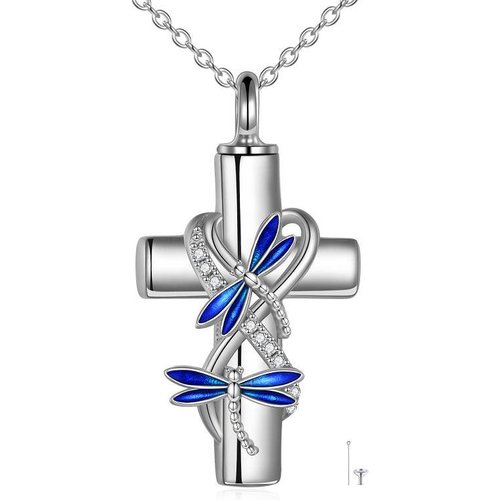 Sterling Silver Round Zircon Dragonfly & Cross Urn Necklace for Ashes with Engraved Word