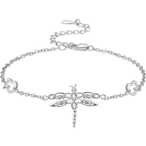 Sterling Silver Round Zircon Dragonfly & Heart Charm Bracelet