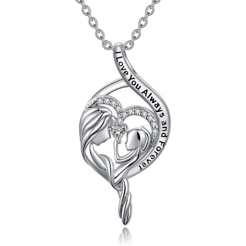 Sterling Silver Round Zircon Heart & Infinity Symbol Pendant Necklace with Engraved Word